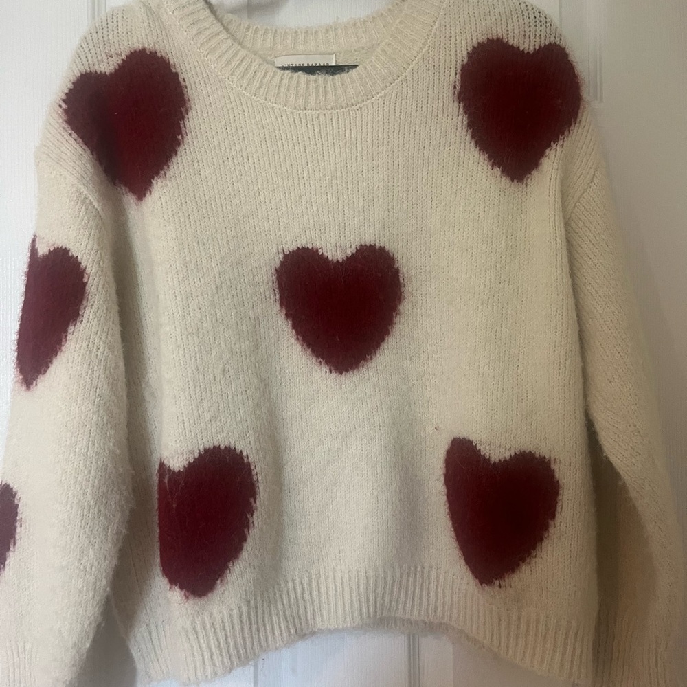 Chic Cream Sweater with Red Heart Accents